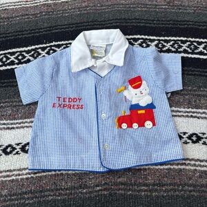 VINTAGE MAYFAIR TEDDY EXPRESS TRAIN BUTTON DOWN SHIRT SIZE 6/9 MONTHS